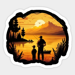 father and son fishing at sunset Sticker